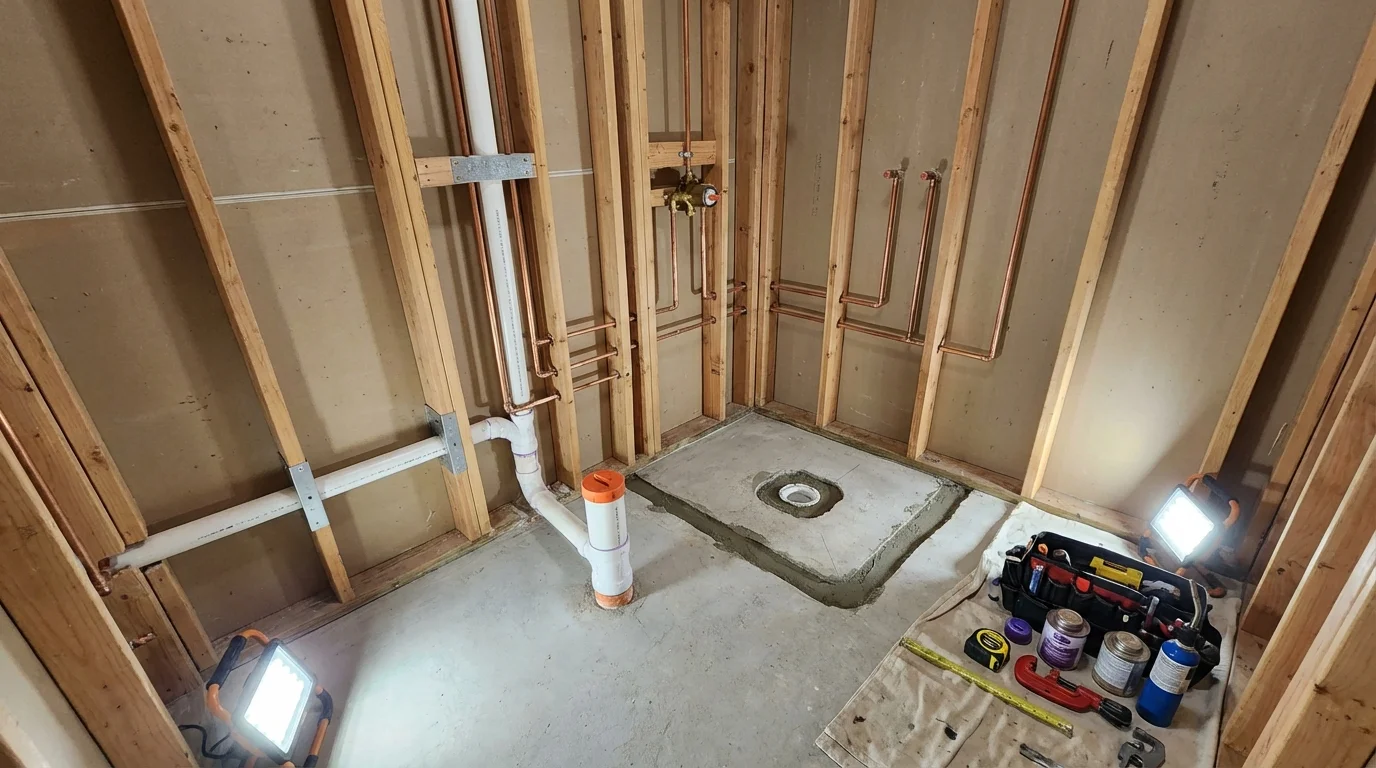 Bathroom rough-in plumbing during remodel by Johns Plumbing LLC in Hutchins
