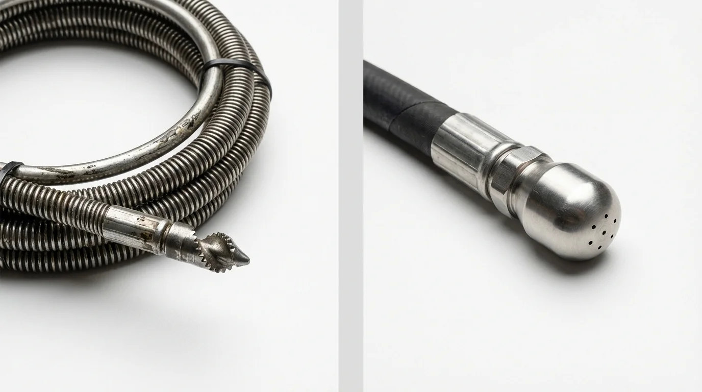 Drain snake cable and hydro jetting nozzle used for drain cleaning in Hutchins, TX