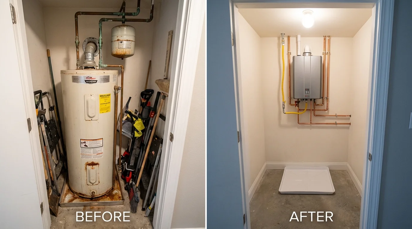Tank water heater versus wall-mounted tankless unit comparison for Hutchins, TX homeowners