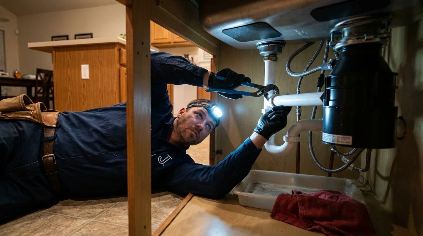 P-trap and supply line connections under a kitchen sink showing a common leak point in Hutchins, TX